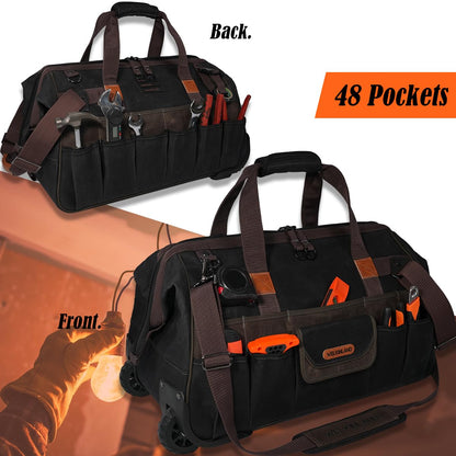 WELKINLAND 48Pockets Tool Bags With Wheels, 22Inch Rolling Tool Bag, Waxed Canvas Tools Bag Rolling Heavy Duty, Large Roll Tote For HVAC, Technician Rolling Tool Bag, Rolling Electrical Tools Bag