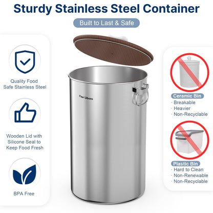 Paw Libero 2PK 35 Lbs total 70Lbs Stainless Steel Dog Food Storage Container with Airtight Wooden Lid & Ceramic Bone Handle, Large Metal Dog Food Bin for Dogs & Cats, Keep Fresh, Easy to Clean