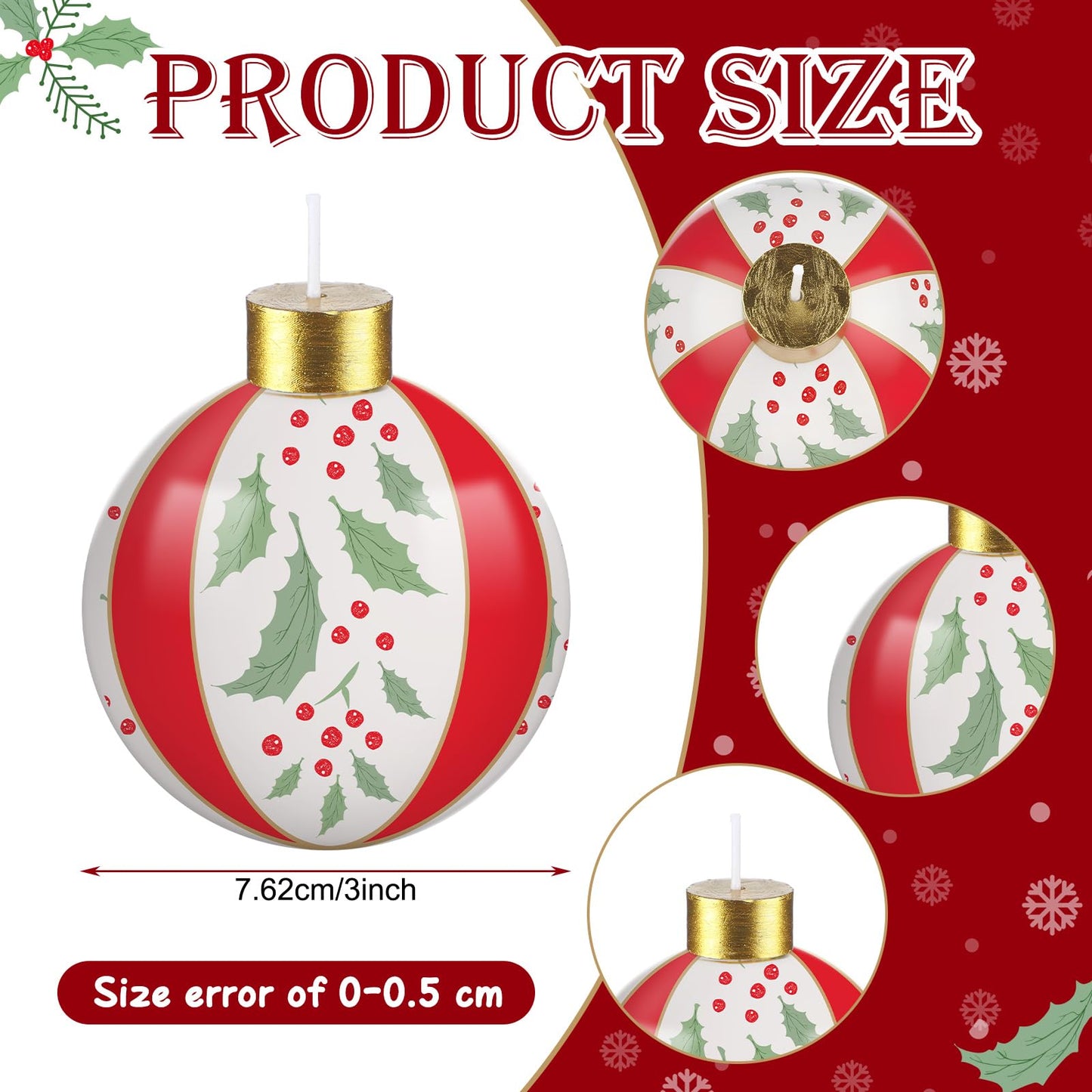 Lounsweer 4 Pcs Rustic Holly Berries Ball Candles Christmas, Round Ball Ornament Candles 3 Inch Unscented Decorative Sphere Candle for Weddings Christmas Home Decoration Gifts