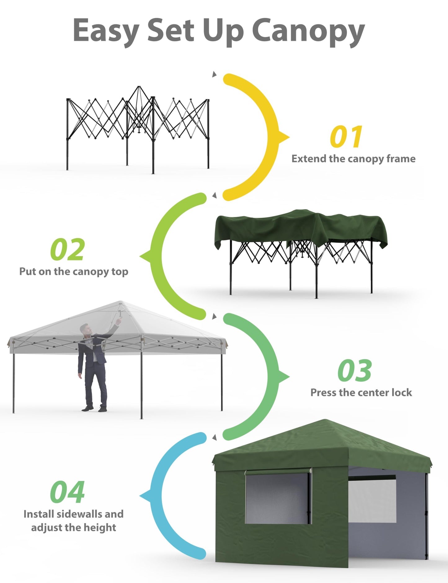 10x10 Pop Up Canopy with 3 Sidewalls - Outdoor Canopy Tent with Portable Roller Bag - One Button Push Setup, 3 Adjustable Height, 4 Weight Bags, 8 Stakes & 4 Guy Ropes Included, Green