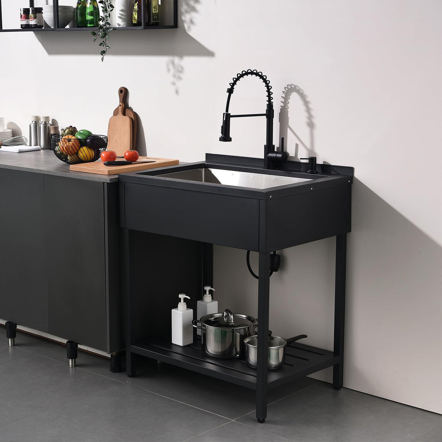 Bokaiya Black Stainless Steel Utility Sink Free Standing, Large Freestanding Laundry Sink with Faucet 16 Gauge Single Bowl Outdoor Commercial Sinks for Restaurant Garage (30.7" x 21.6" x 35")