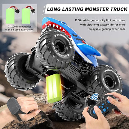 Gesture Sensing Amphibious Remote Control Shark Monster Truck with Water Squirt 4WD 1:16 RC Car All-Terrain Waterproof RC Tank Pool Toy Outdoor Summer Gifts for Kids Age 6+（With 2 Replaceable battery)