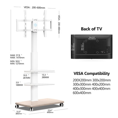 FITUEYES Rolling TV Stand, Mobile TV Cart on Wheels for 32-65 70 Inch Flat Screen TVs, Tall Floor TV Stand with Swivel Mount, Corner TV Stands for Bedroom, Living Room, Home Office,Small Dorm, White