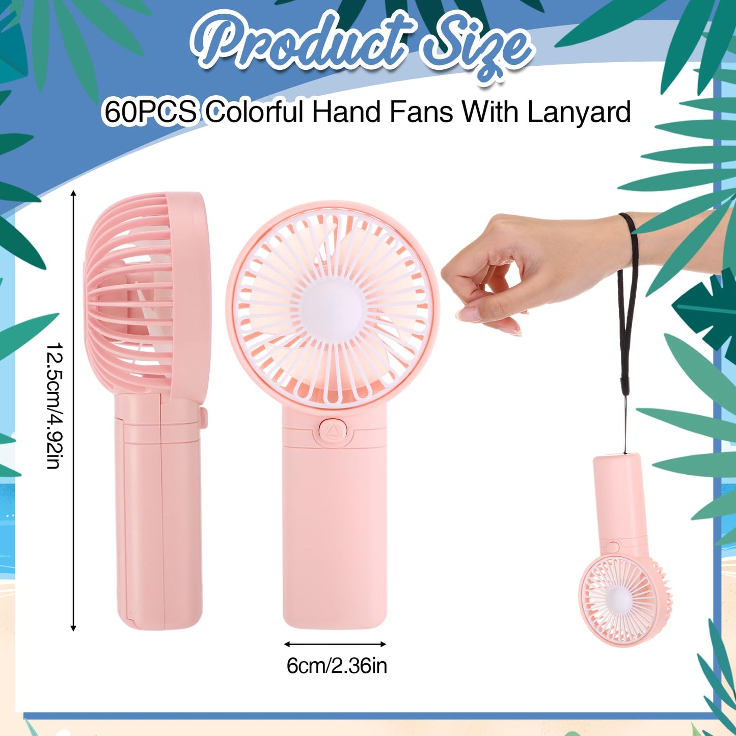 Woanger 60 Pack Mini Handheld Fan Bulk with Rope Hanging Portable Eyelash Fans Small Personal Cooling for Wedding Travel Makeup Camping Hiking Independent White Box (Beige Pink,Blue,Green)