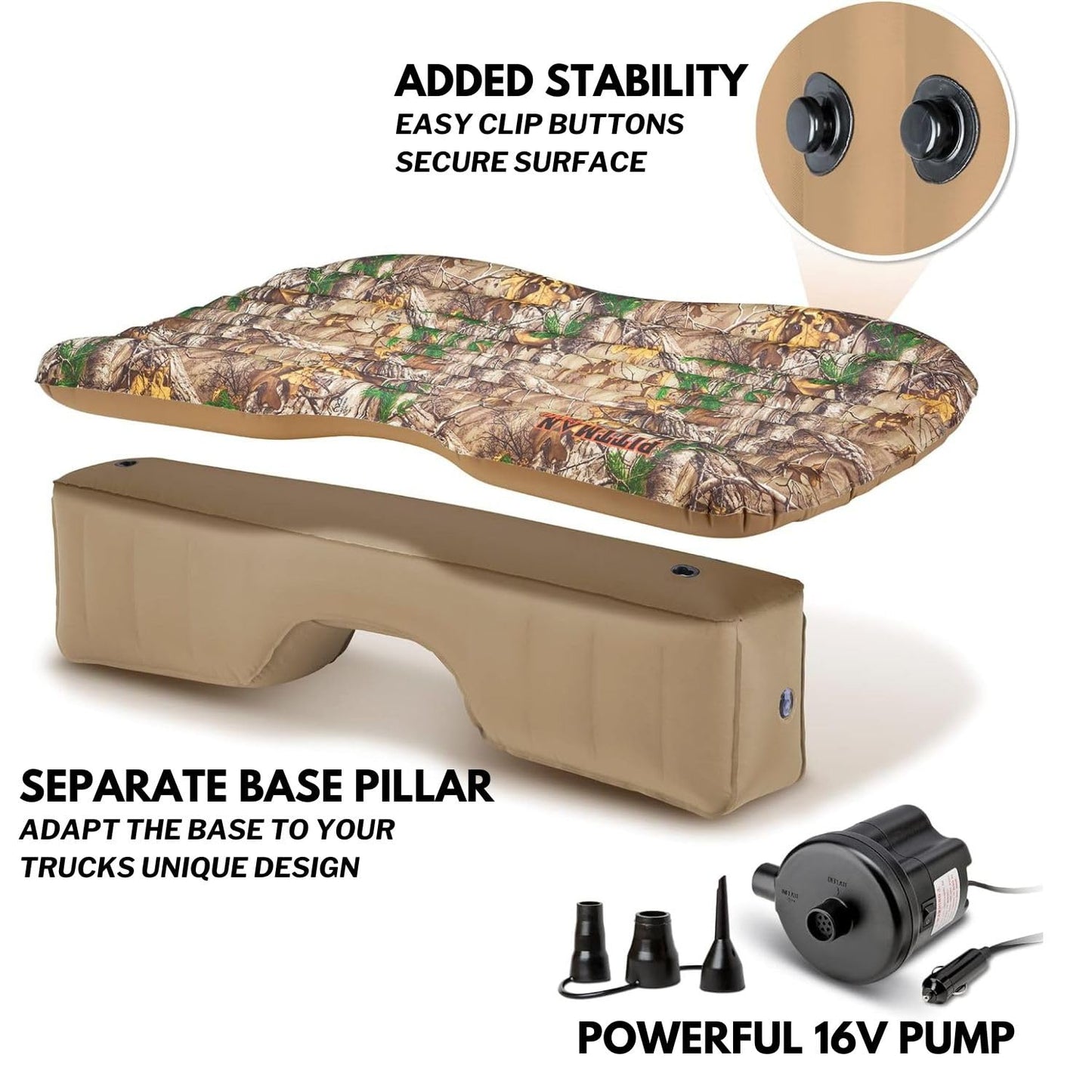 Pittman Outdoors Backseat Bed Air Mattress – 60” Rear Seat Mattress for Trucks & SUVs – Includes Portable DC Air Pump – Truck Air Mattress for Back Seat Travel & Camping – Camo Print