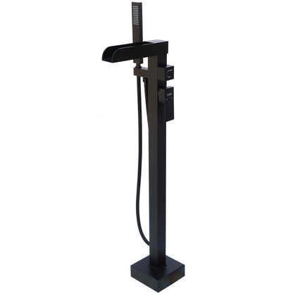 High Flow Freestanding Bathtub Faucet Waterfall LLGG Tub Filler Black 11.9GAL Floor Mount Bathroom Faucets with Handheld Shower Sprayer RIGOBAL
