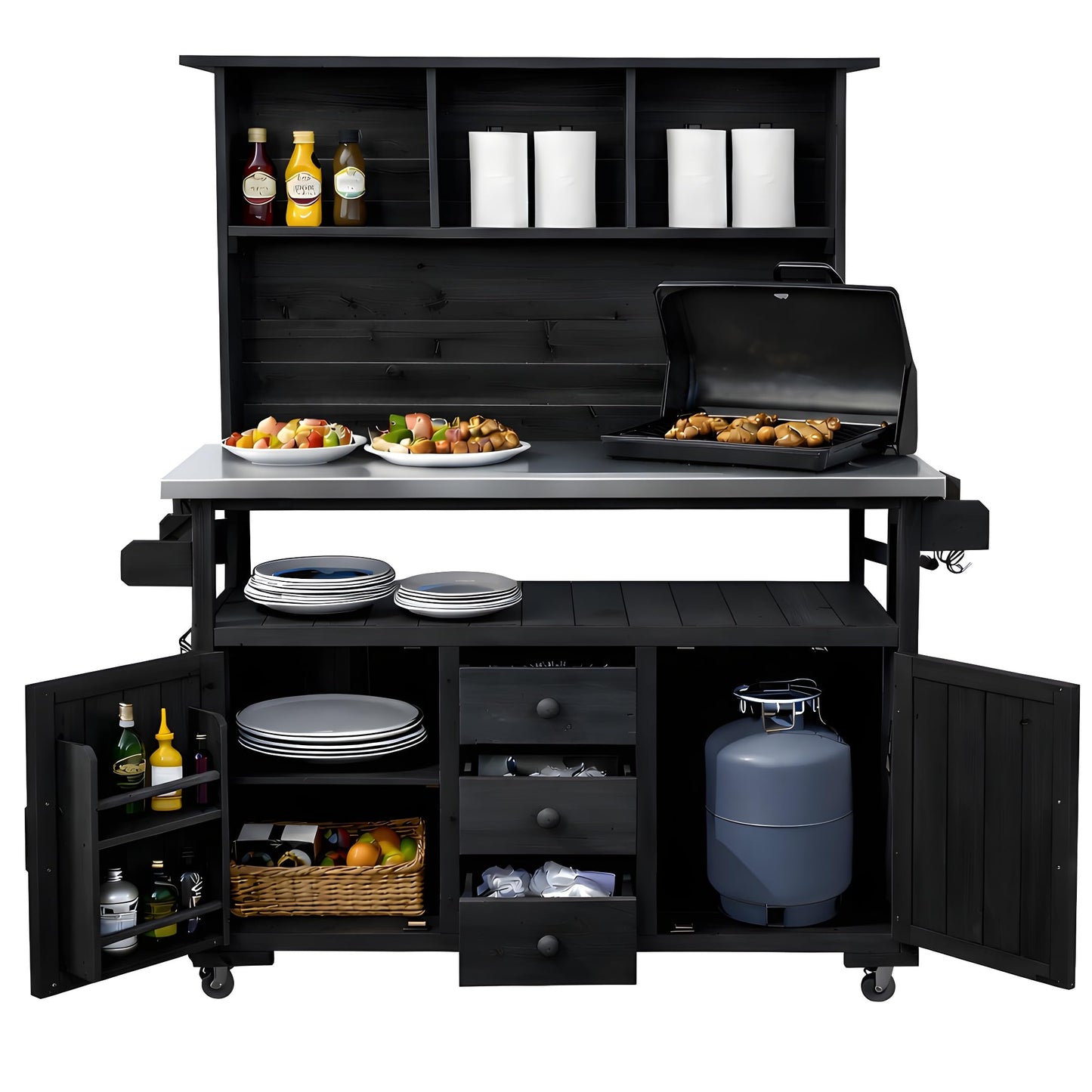 GDFStudio Preden Outdoor Storage Bench Table with Cabinet, Patio Wooden Potting Bench, Garden Storage Work Bench with Stainless Steel Top, Drawers, Cabinets, Shelves and Hooks, Kitchen Island, Black