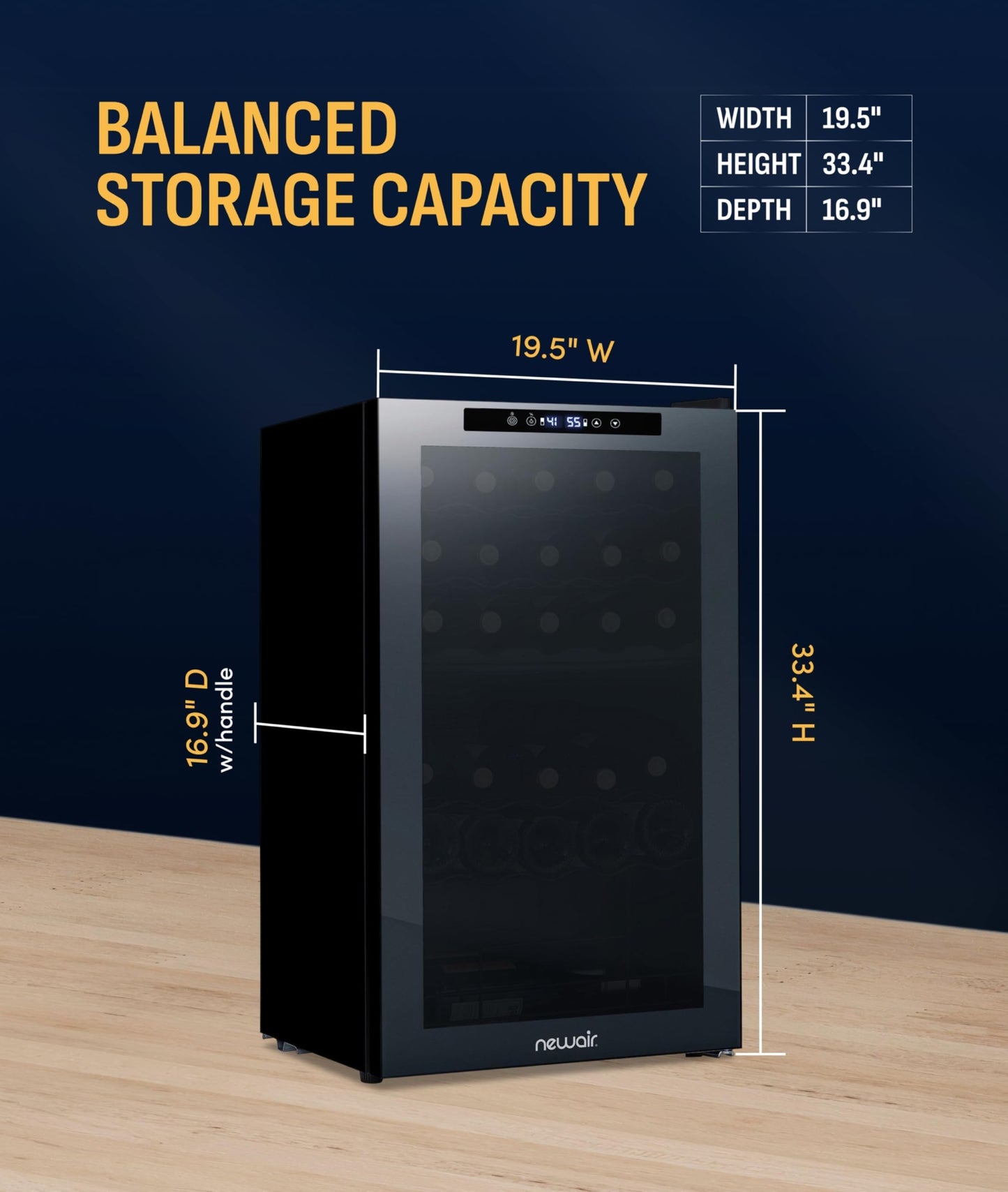 NewAir 20" Dual Zone Wine Fridge for 33 Bottles | Freestanding Wine Cooler Refrigerator with Glass Door | Mirrored Shadow™ Door & Quiet Compressor Cooling | Black