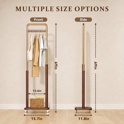 Taitiy Clothes Rack Solid Wood Coat Rack, Metal and Solid Wood Combination Clothing Rack with Wheels for Entryway, Bedroom, Living Room, Coat Racks Freestanding for Hanging Clothes Garment Scarf