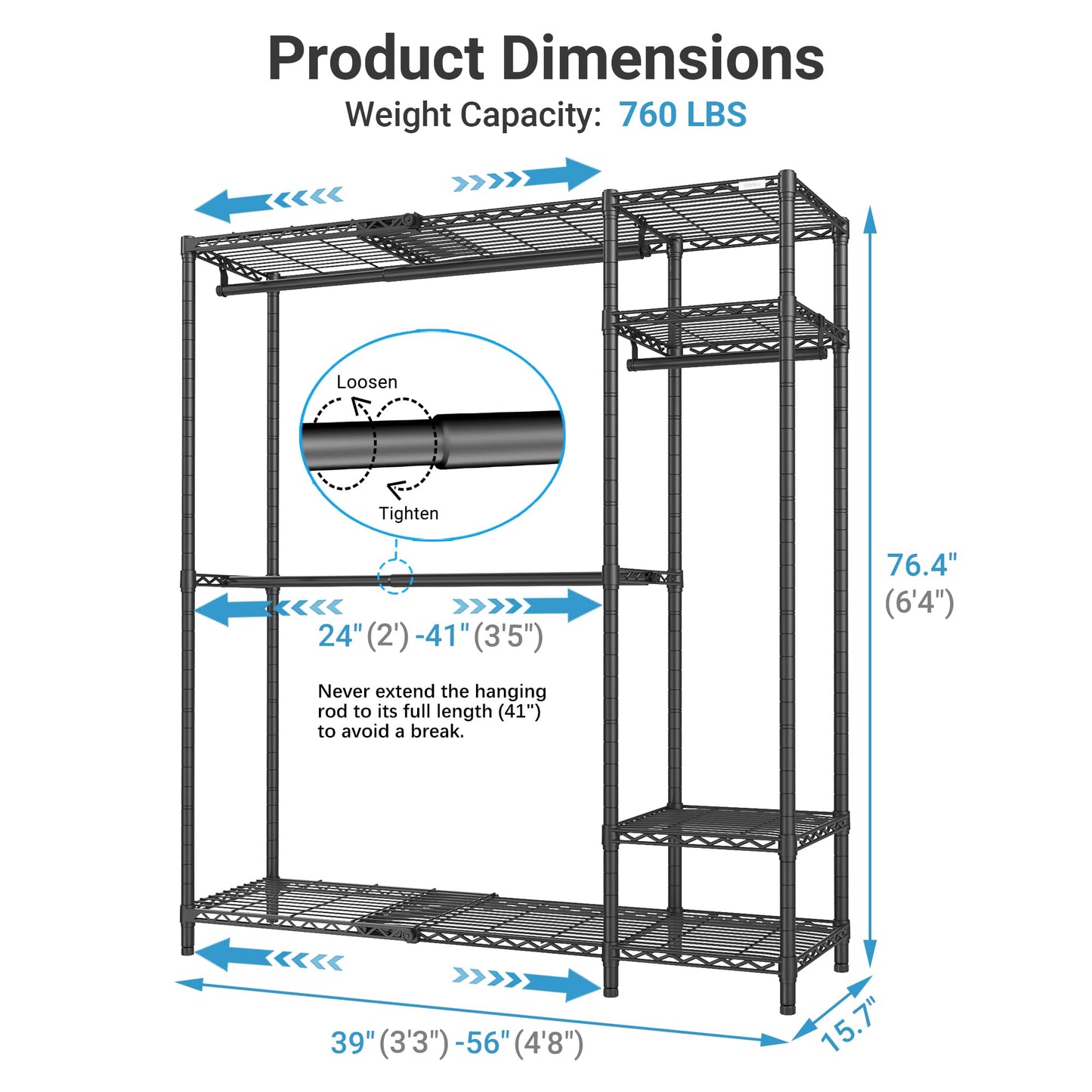 VIPEK X20 Expandable Metal Clothing Rack Adjustable from 3'3" to 4'8" Heavy Duty Garment Racks with Adjustable Shelves and Hanger Rods Portable Wardrobe Open Closet Rack System, Black