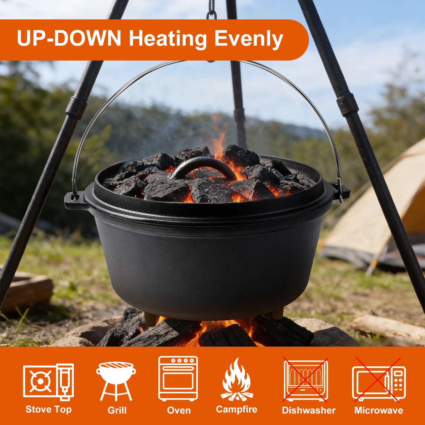 Blingco Pre-Seasoned Cast Iron 10QT Camp Dutch Oven with Lid, Large Camping Dutch Oven Pot, incl. Lid Lifter - Dual Handles - for Outdoor Campfire, Grill, Oven&Stovetop Cooking - Black
