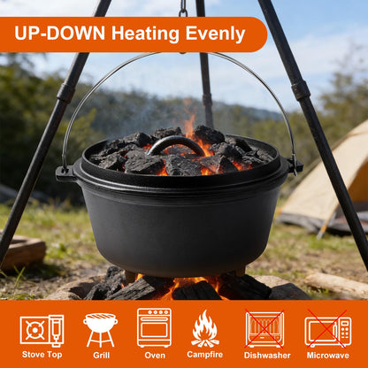 Blingco Pre-Seasoned Cast Iron 10QT Camp Dutch Oven with Lid, Large Camping Dutch Oven Pot, incl. Lid Lifter - Dual Handles - for Outdoor Campfire, Grill, Oven&Stovetop Cooking - Black