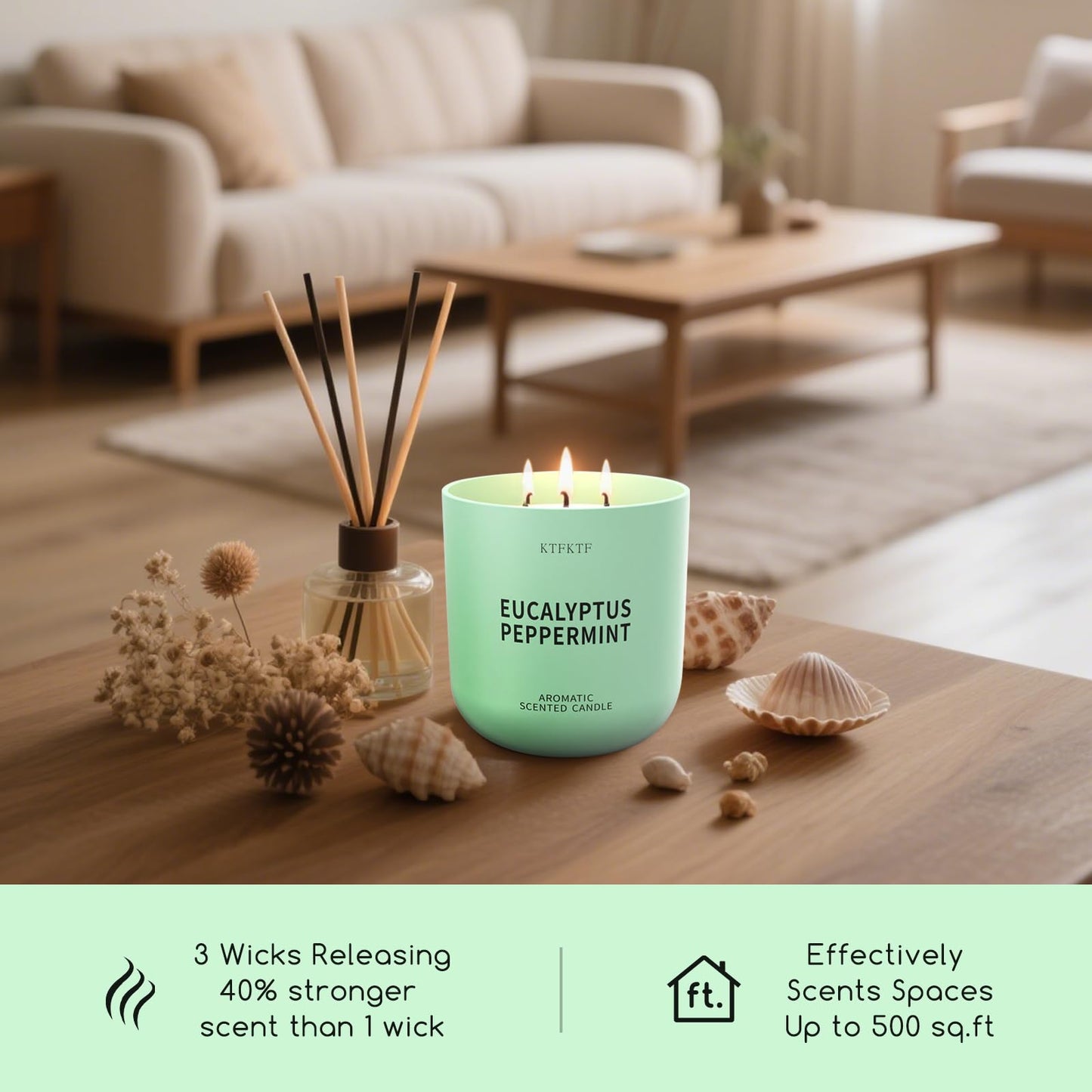KTFKTF Eucalyptus Peppermint Scented Candle for Home, 14.1oz 80 Hours Long Lasting Aromatherapy Candles for Stress Relief & Energy, Non-Toxic Essential Oil & Soy Wax | Cooling Mint & Woody Aroma