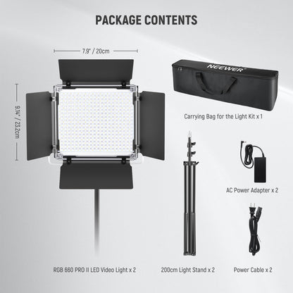 NEEWER Upgraded 660 PRO II RGB LED Video Light with App Control & Tripod Stand Kit, 2 Pack 50W/1% Min Dimming/CRI97+/3200-5600K for Game Streaming YouTube Studio, Bluetooth