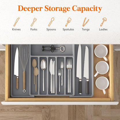 Lifewit Silverware Drawer Organizer, Expandable Utensil Tray for Kitchen, BPA Free Flatware and Cutlery Holder, Adjustable Plastic Storage for Spoons Forks Knives, 33 -57 x 42cm, Gray