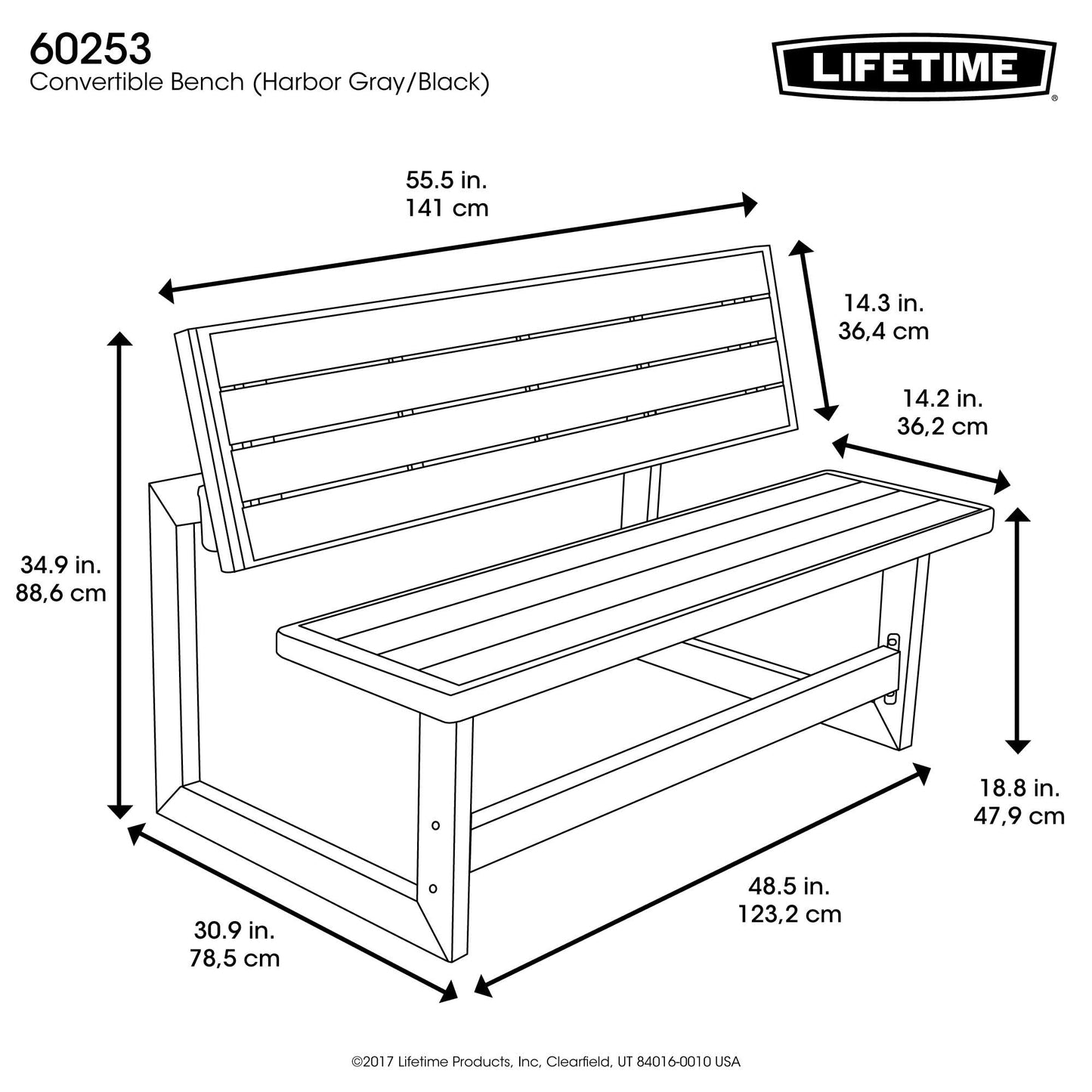 LIFETIME 60253 Outdoor Convertible Bench, 55 Inch, Harbor Gray