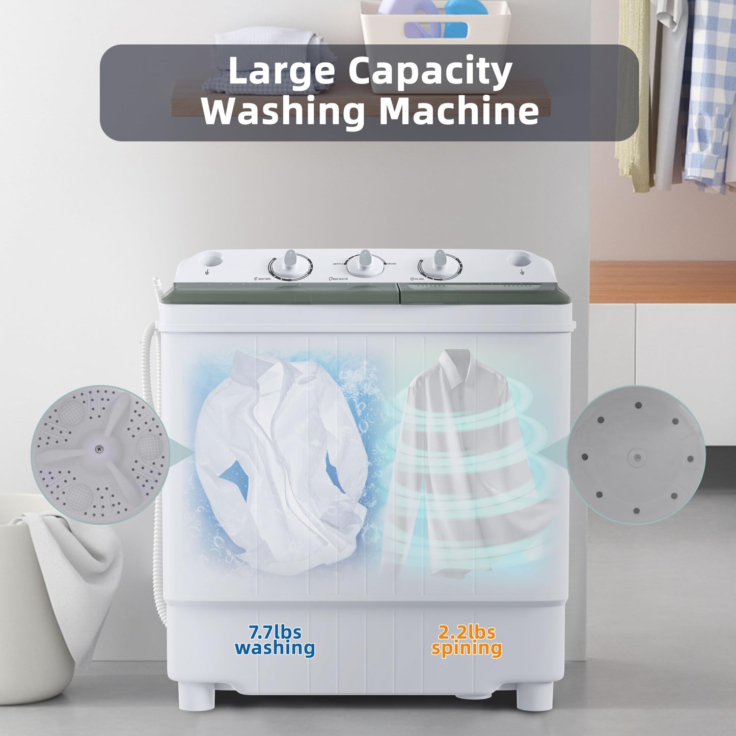 Elevon Portable Washing Machine Twin Tub 9.9 Lbs Capacity, (7.7 Lbs) and Spinner(2.2 Lbs) Combo Mini Compact Laundry Washer for Home, Apartment, Camping, RVs and Dorms, Black/White