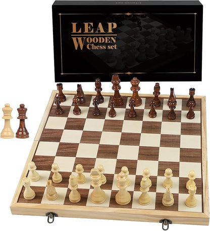 LEAP Wooden Chess Set 17 Inches - 2 Extra Queens - Folding Board Raised Edge Handmade Portable Travel Chess Board Game Sets with Game Pieces Storage Slots - Chess Set for Adults and Beginner
