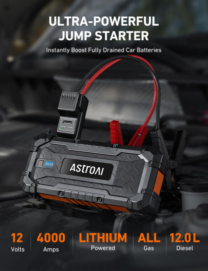 AstroAI S8 Ultra 4000A Car Jump Starter, Jump Box up to All Gas Engines & 12L Diesel, 12V Portable Power Bank with USB/Type-C Ports, 3 Modes LED Flashlight, Auto Battery Booster with Jumper Cable