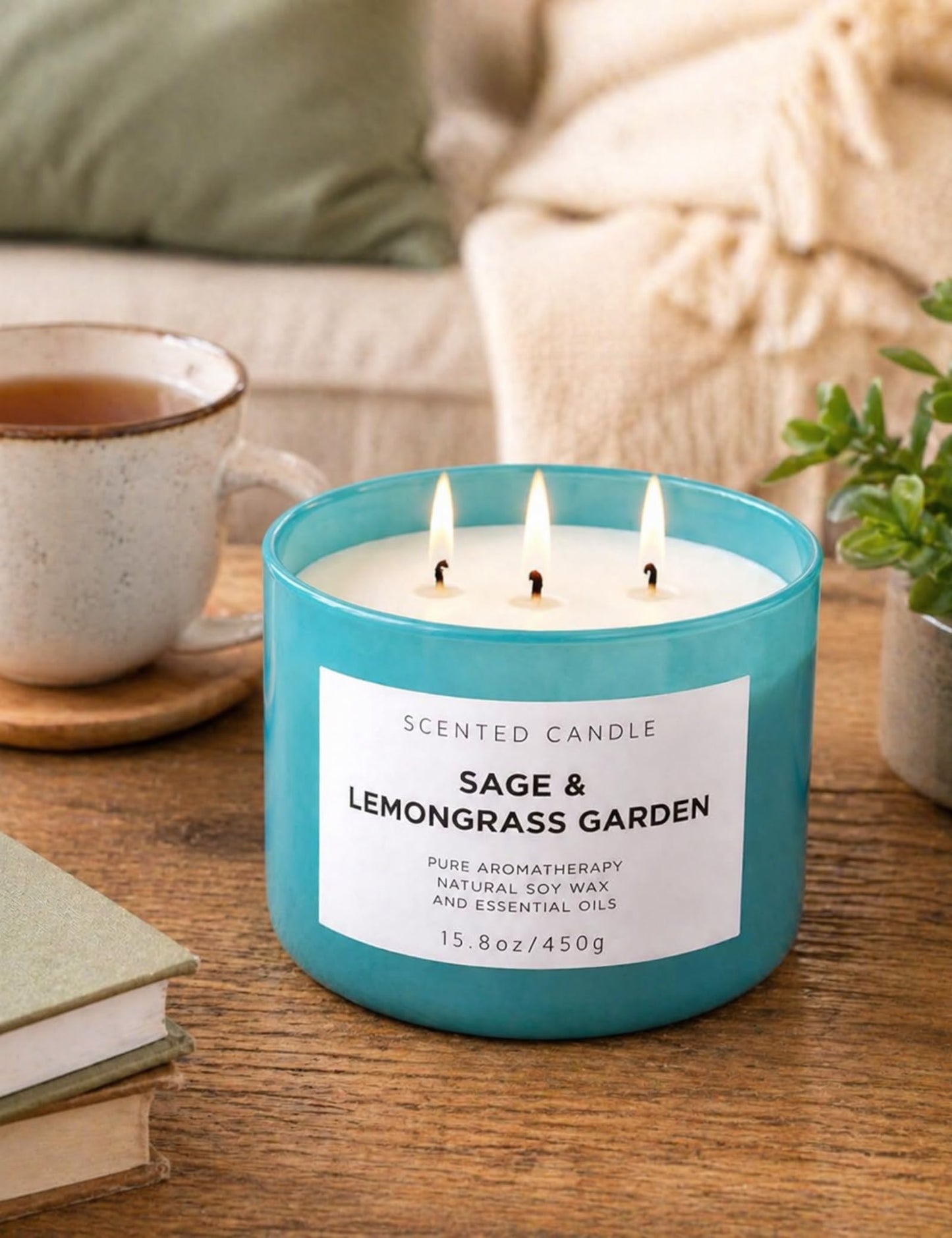 Sage Lemongrass Garden Scented Candle | 3 Wick Large Soy Candles for Home 15.8oz | Fresh Clean Herbal Citrus Candle | Long Lasting Clean Burn | Aromatherapy Stress Relief Gift for Women & Men