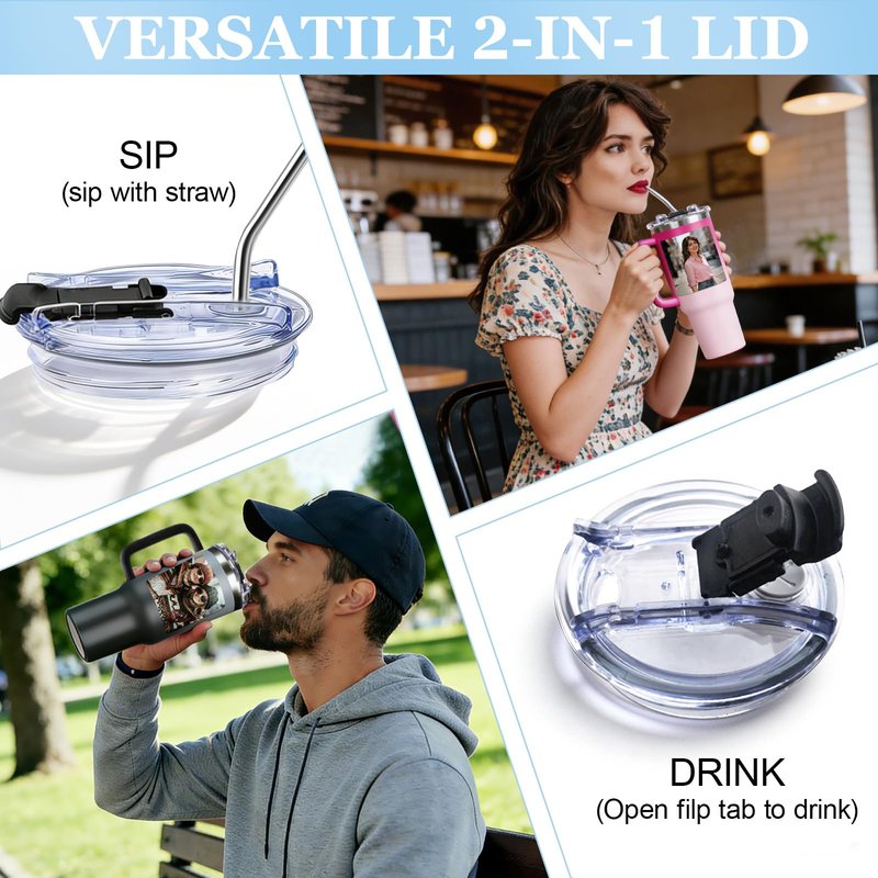 Personalized 40oz Tumbler with Pictures Text, Custom Tumbler with Handle and Straw, Stainless Steel Travel Coffee Cup Mug, Personalized Gifts for Women Men kids Birthday Christmas Anniversary
