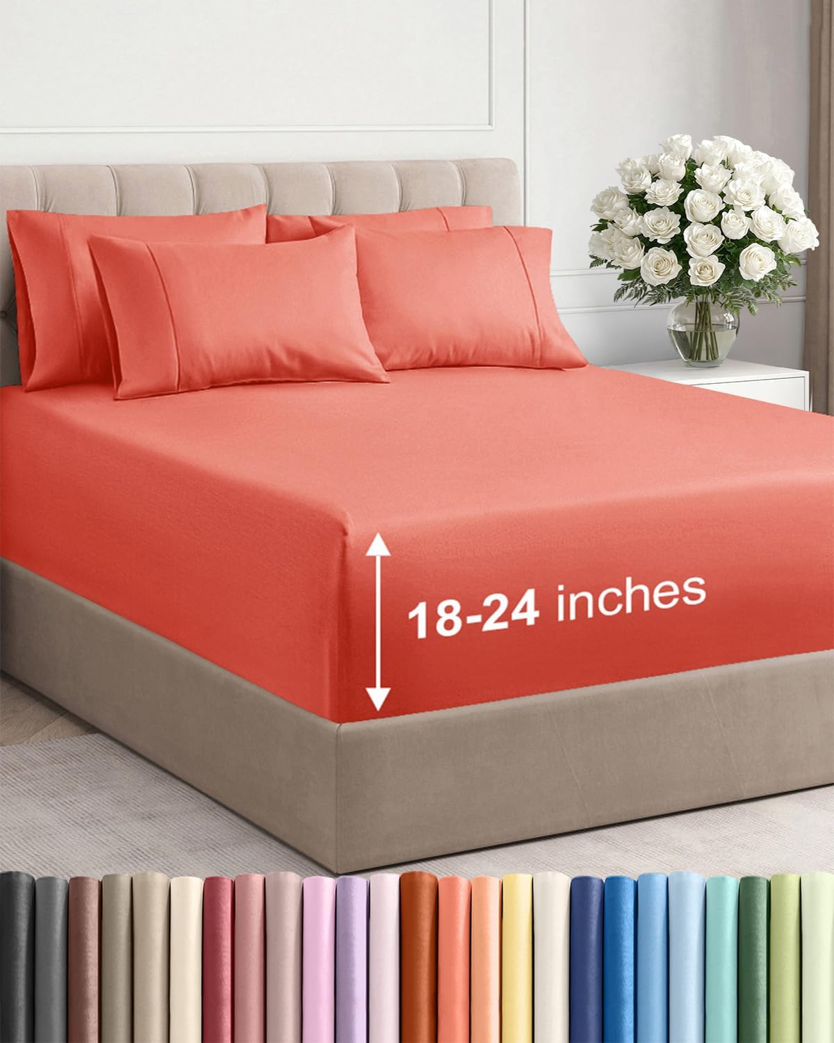 Skiennix Extra Deep Cal King Sheet Set | 6-Piece Breathable Cooling Bedding - Soft, Wrinkle-Free Coral
