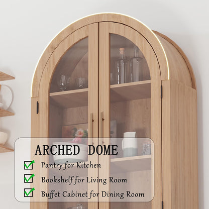 Garvee 60" Kitchen Pantry Storage Cabinet, Large Arched Display Cabinet with 4 Glass Doors, 4-Tier Freestanding Organizer for Bathroom, Entryway, Dining Room, Modern Wood Storage Hutch