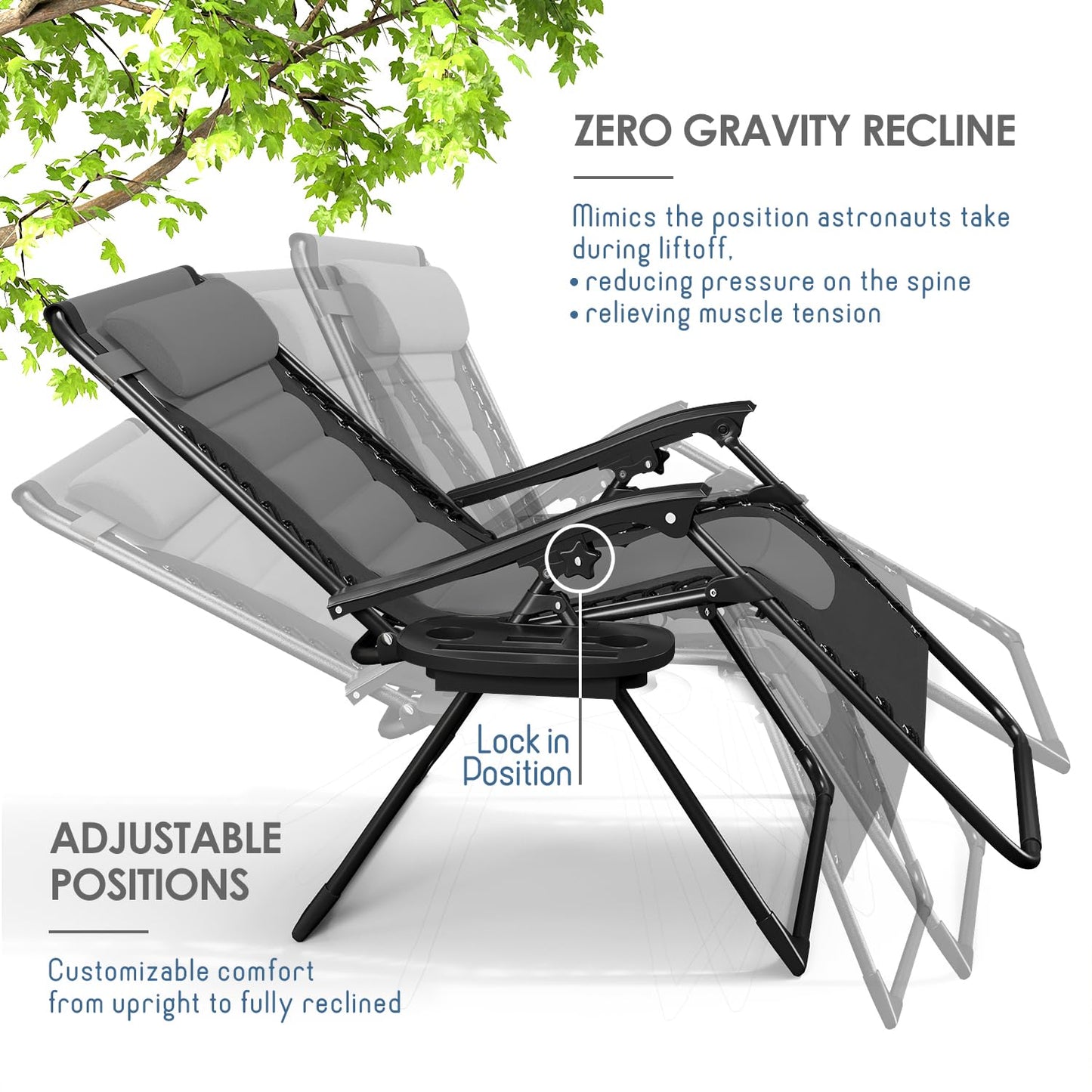 Nestl Outdoor Padded Zero Gravity Chair, Patio Lounge Chair Outdoor Recliner, Oversized Anti Gravity Lounger with Adjustable Headrest and Cup Holder, Foldable for Camping, Yard - Black/Grey