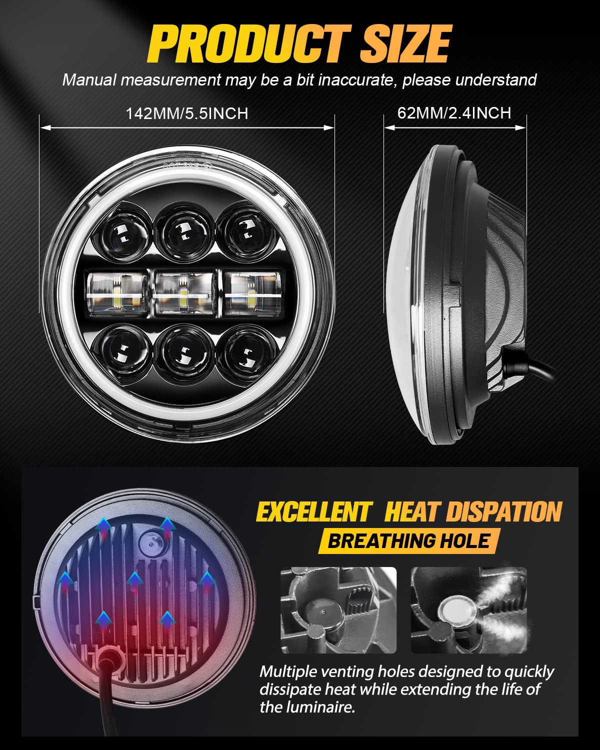 BraveWAY 5.75" Round LED Headlights, 5-3/4 Inch Sealed Beam Headlamp(H5006) with Projector White/Amber Halo Ring