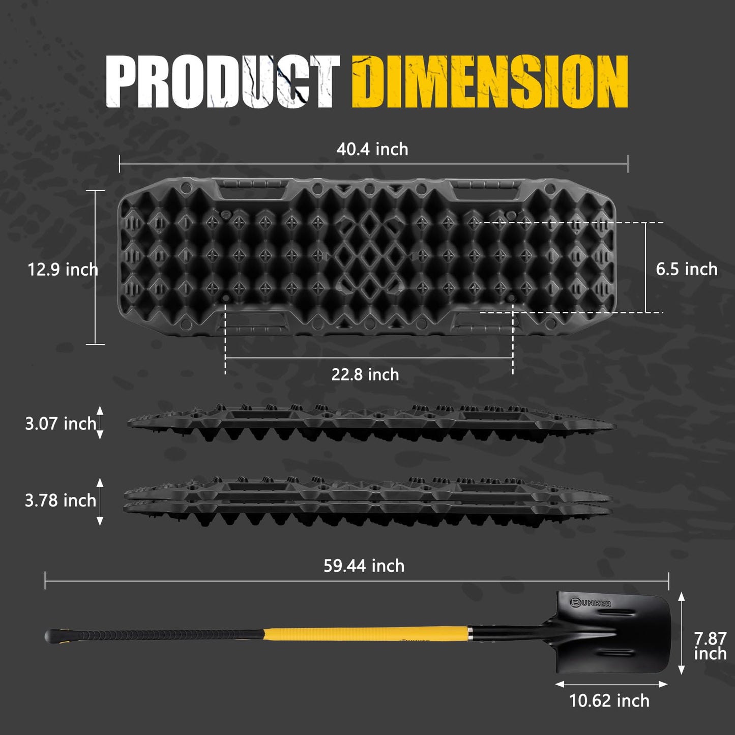 BUNKER INDUST Traction Board Recovery Kit, 2 Pcs Gen 7th Recovery Track with Carry Bag, Side Mount Bracket Kit with Lock, 1 Pcs 59 inch Square Shovel for Garden,Digging,Camping, 4x4 Off-Road