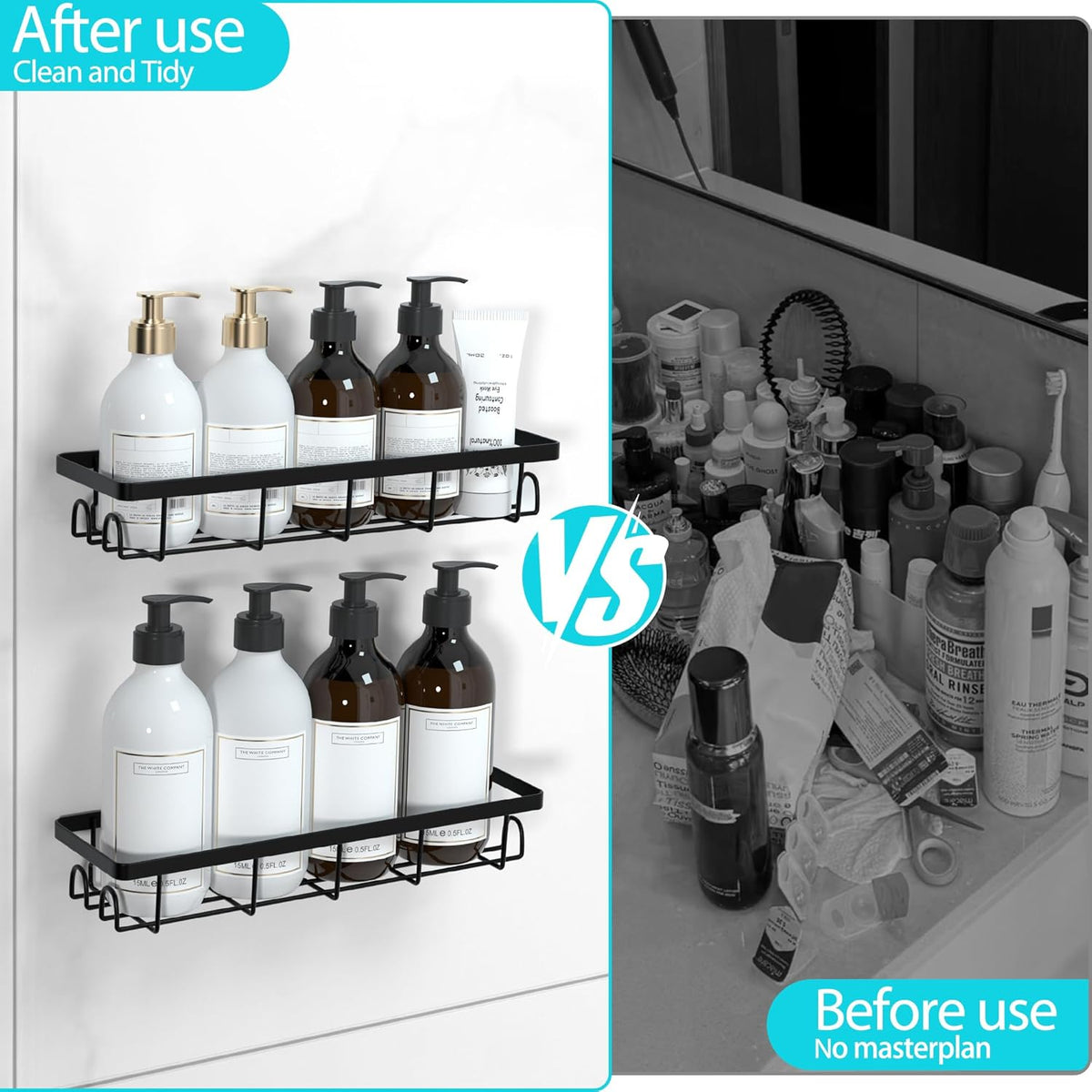 Shower Caddy Organizer - Self-Adhesive Bathroom Shelves with Hooks | No Drilling, 2-Pack Black
