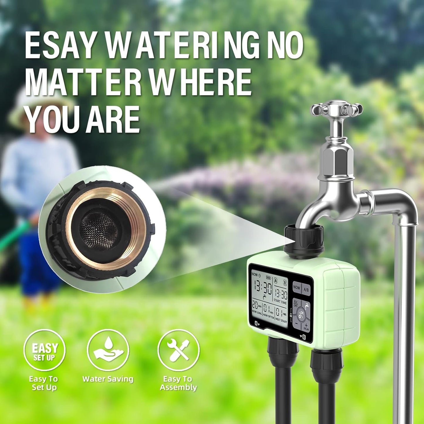 SOYUS Programmable Garden Hose Timer - Waterproof Digital Irrigation System with Rain Delay | 2 Outlets