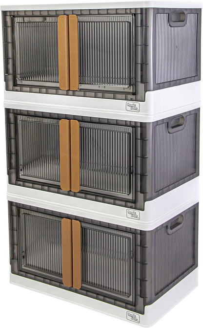 FELICON 19 Gallon 3 Pack Stackable Storage Bins with Lids,Doors,Wheels,Collapsible Organizer Foldable Container,Wardrobe Closet for Bedroom Living Room Neat,Dorm,Organized Homes(White)