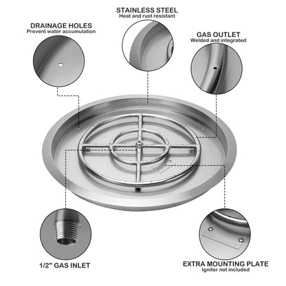 Stanbroil 19 Inch Drop-in Round Fire Pit Kit with Spark Ignition Kit, Propane Gas Version, 304 Stainless Steel
