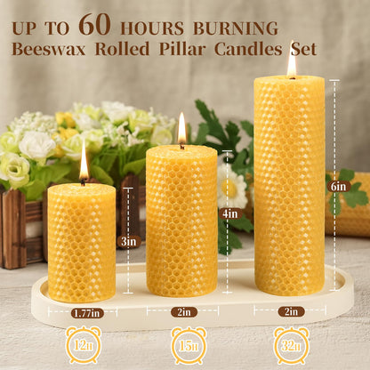 Pure Beeswax Pillar Candles,3 Pack Hand-Rolled Natural Beeswax Candles(1.77x3in,2x4in,2x6in) 60 Hours Burning Unscented Bees Wax Candle for Home,Smokeless&Dripless Pillar Candle for Meditation,Wedding