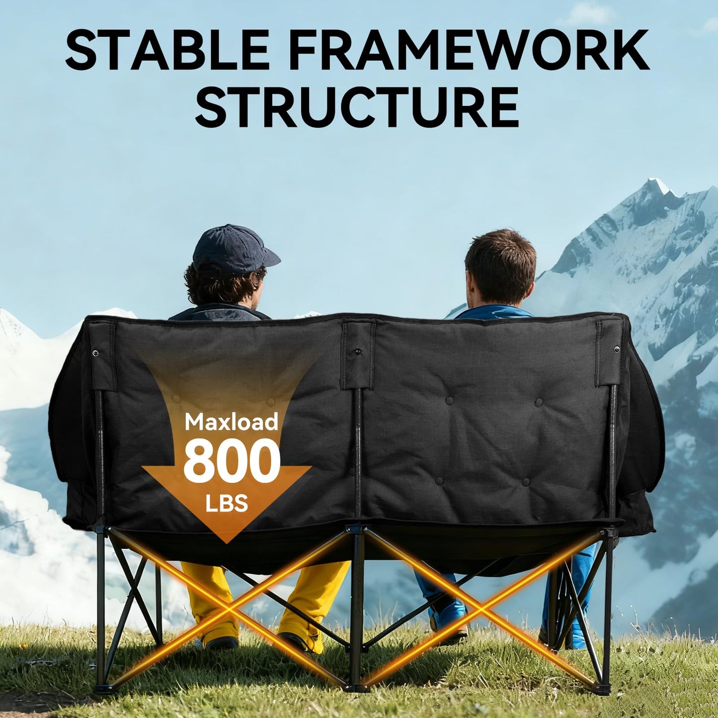 Huskfirm Double Camping Chair Padded Camping Chairs Heavy Duty 2 Person Camping Chair Oversized Loveseat Camping Chair with Cup Holders Camping Couch Support 800LBS,Black