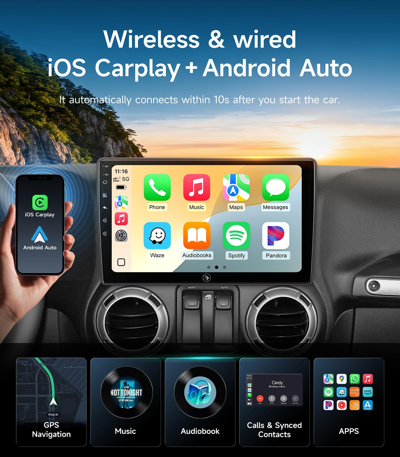 Car Radio Stereo Upgrade for Jeep Wrangler JK Compass Grand Cherokee Dodge Ram with Wireless CarPlay/Android Auto/10.2'' TouchScreen/Android13/GPS Navigation/Backup Camera (New-HC-Jeep 2+32G)