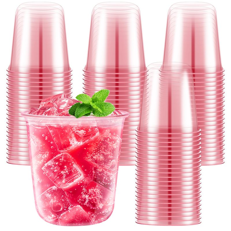 50 Pcs Pink Clear Plastic Cups 12 oz, Bulk Disposable Stemless Wine Glasses, Cute Pink Plastic Party Cups for Meeting Wedding Birthday Valentines Christmas Cocktail Theme Party Supplies Decorations