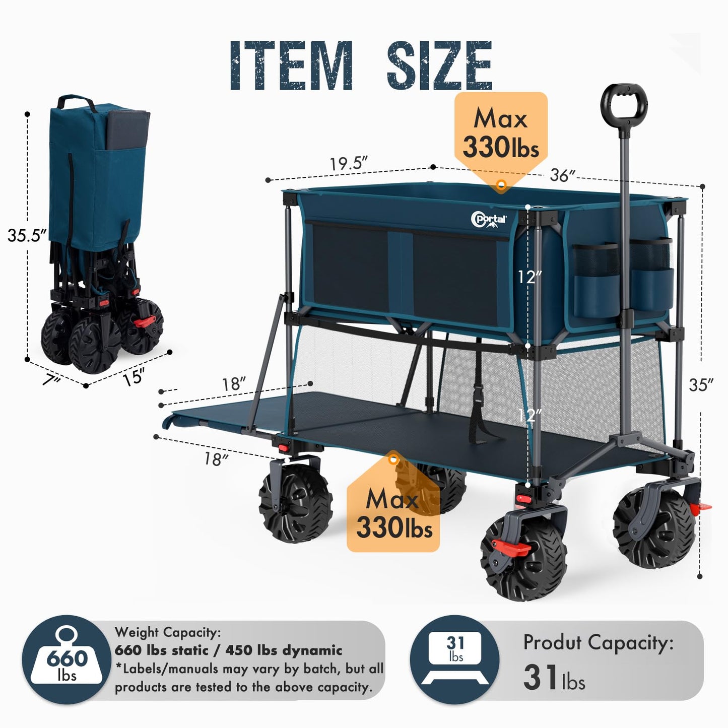 Portal Collapsible Large Double Decker Wagon with Brakes, 660lb Foldable Heavy Duty Utility Wagon Cart, 400L All-Terrain Big Wheels & 54" Extra Long Extender for Sports, Camping & Outdoor Use