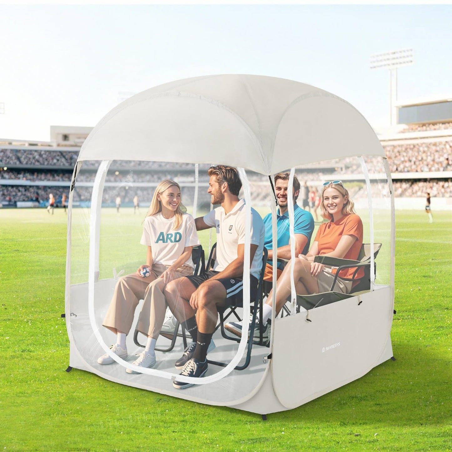 Raynesys Sports Tent, Portable & Foldable Pop Up Tents Shelter for 1-4 Person, Instant Weather Proof Clear View Bubble Tent with Carry Bag for Watching Sports Events, Camping, Fishing, Beige