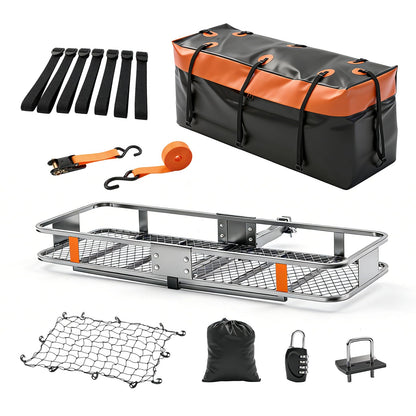 OLIXIS Folding Hitch Mount Cargo Carrier Basket 60x21x6 with Waterproof Luggage Bag, 500 Lbs Capacity Cargo Basket with Hitch Stabilizer, 16 Cubic Feet, Straps, Net