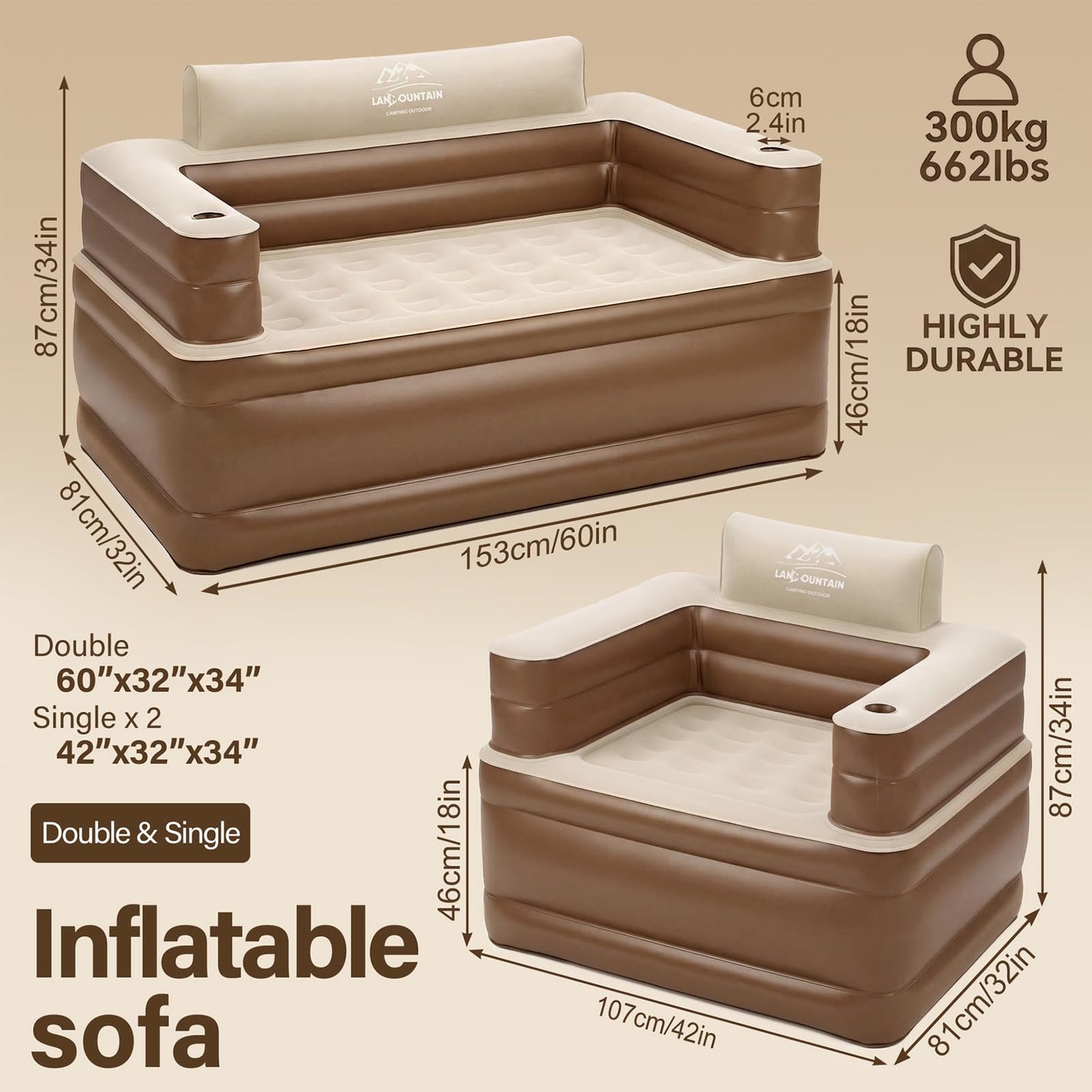 LANMOUNTAIN Inflatable Couch Set with Cup Holders & Pump, Velvety Air Sofa (1 Loveseat 60"x32"x34" & 2 Chairs 41"x32"x34") for Camping & Home