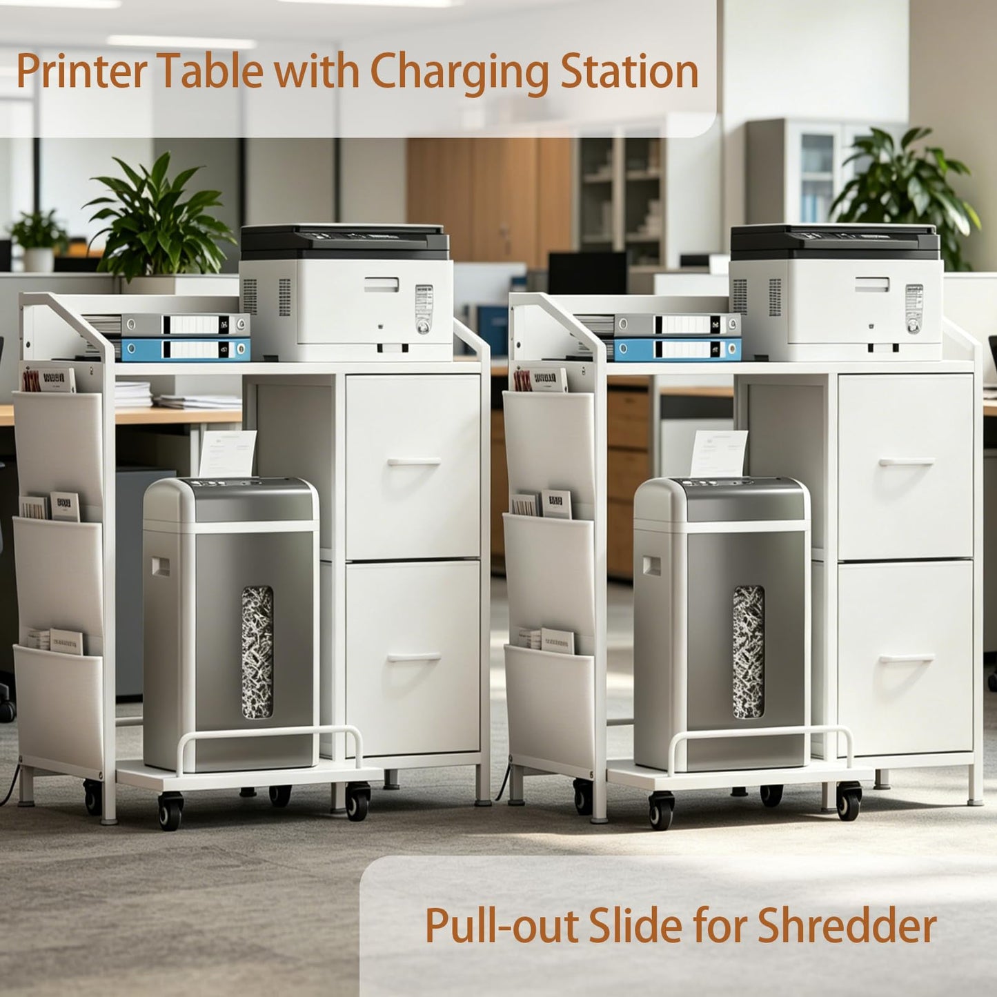 WODRAWER Printer Stand with Fabric Drawers, Lateral Office Filing Cabinets with Power outlets & USB Charging Port, File Cabinet with Large Printer Stands for Home Office, Shredder Stand Rack (White)