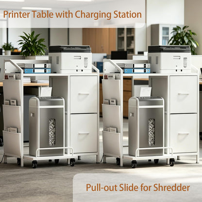 WODRAWER Printer Stand with Fabric Drawers, Lateral Office Filing Cabinets with Power outlets & USB Charging Port, File Cabinet with Large Printer Stands for Home Office, Shredder Stand Rack (White)
