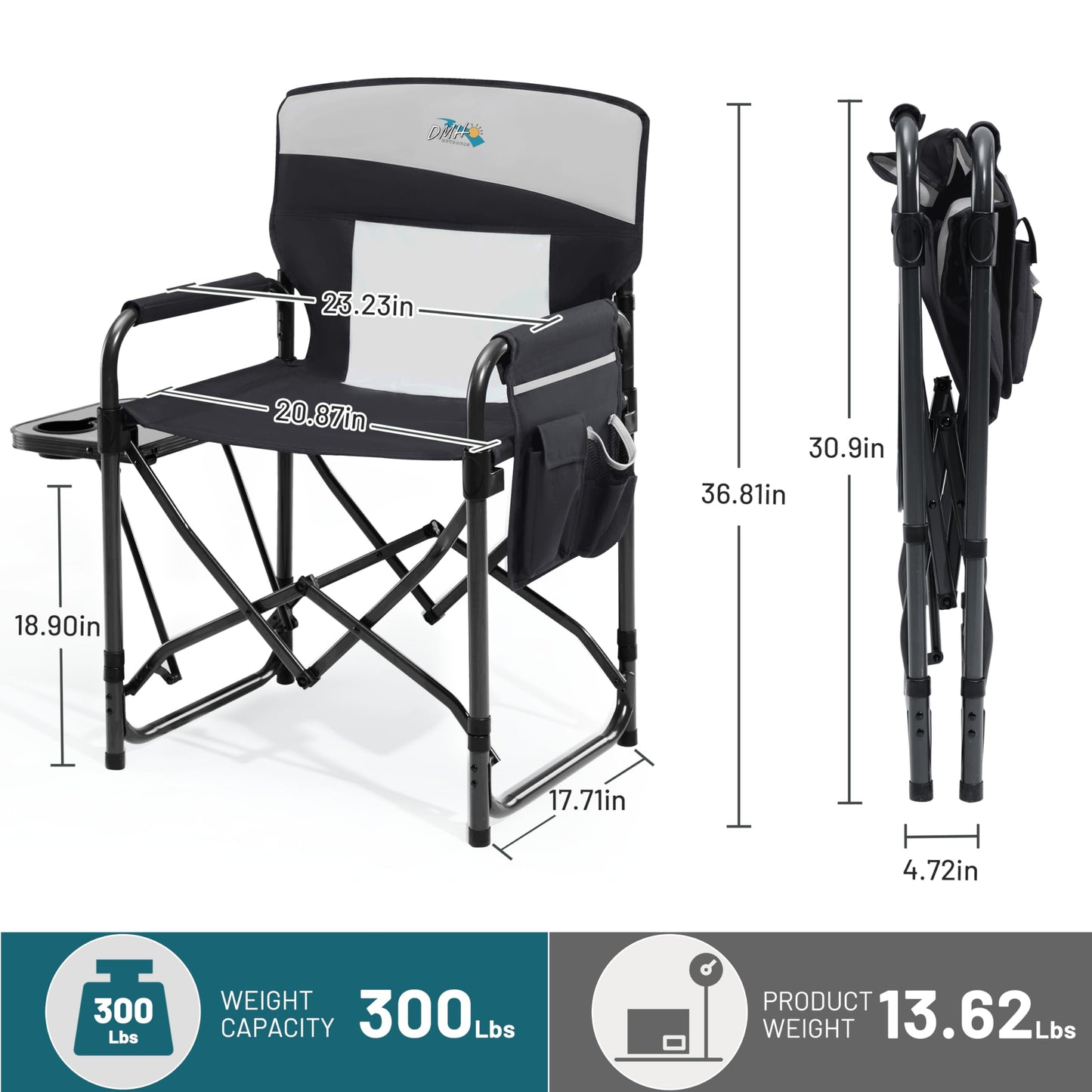 2 Pack Camping Chairs for Adults Directors Chair with Side Table, 1-Step Setup, Mesh Backrest Folding Lawn Chairs with Pocket, Foldable Camp Chair for Outdoor, Picnic, Sports and Fishing, Black