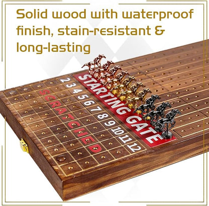 Horse Race Board Game Solid Wood Foldable Racing Board with 11 Metal Horses 2 Dice and 2 Boxes of Cards Portable Travel Game for Family Parties and Holiday Gatherings