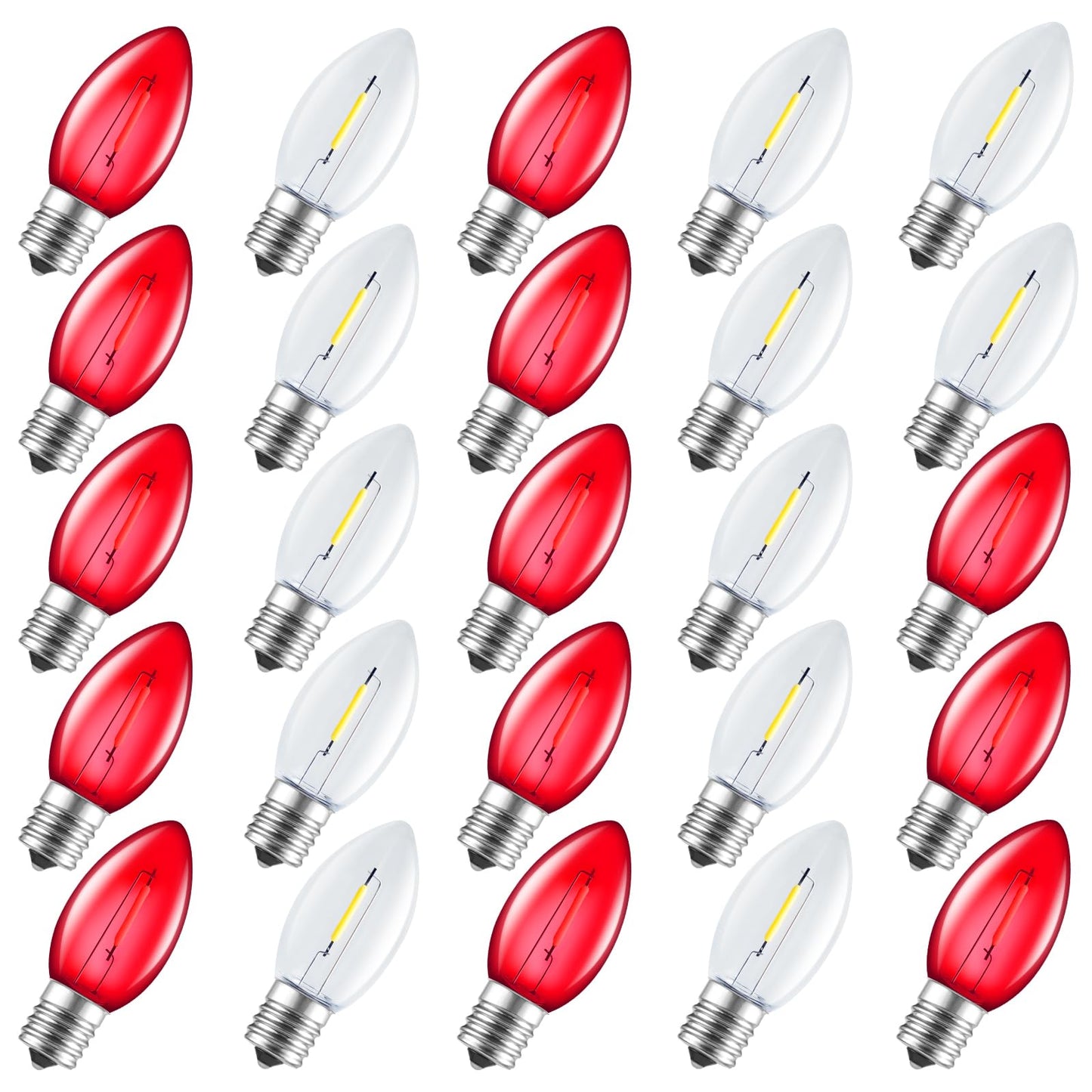 Minetom C9 LED Christmas Light Bulbs, 25 Pack Shatterproof, Red & Warm White, E17 Base, Dimmable Replacement for String Lights