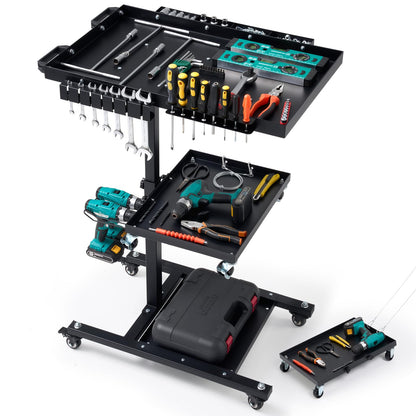 OLBRUS Rolling Work Table Adjustable Height - 3-Tier Removable Tool Cart with Wheels, Portable Mechanic Organizer with Drill Storage & Lockable Casters for Garage, Workshop, Bicycle Repair