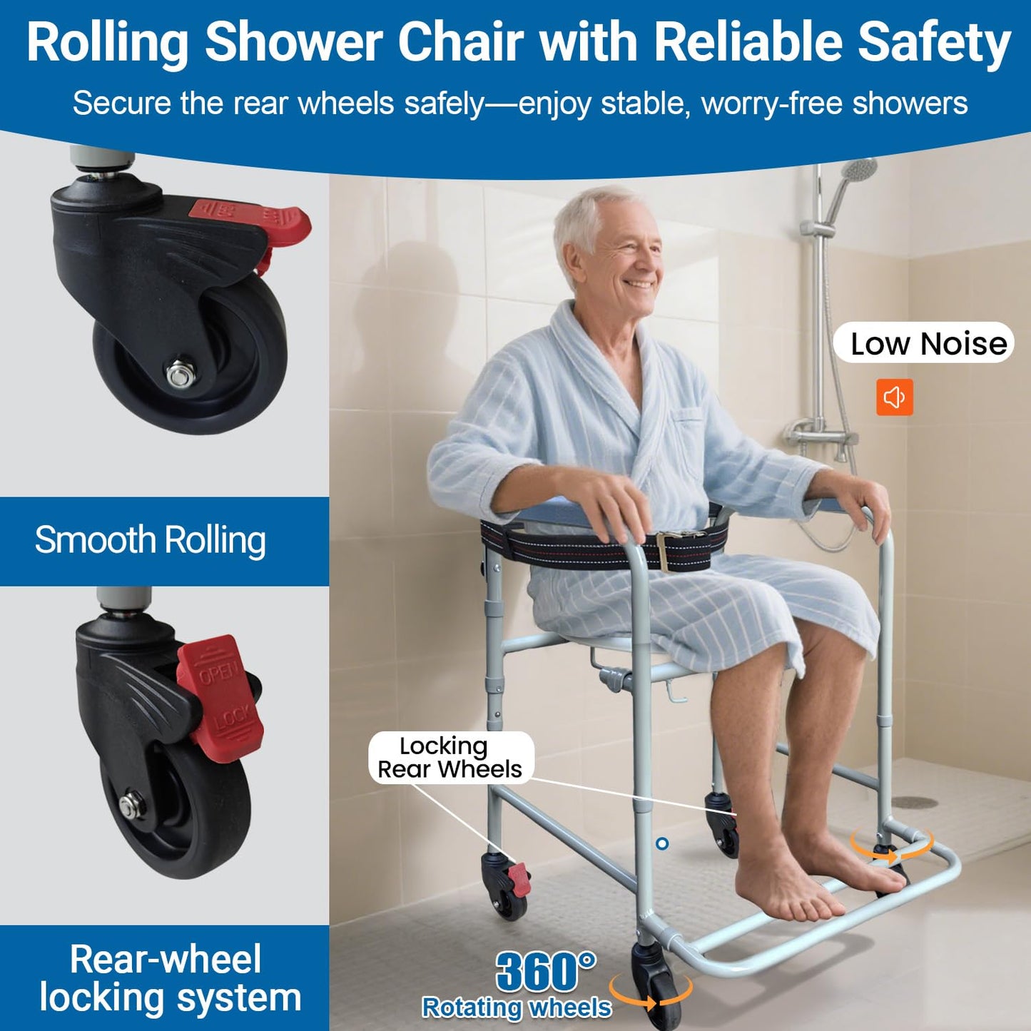 Aliseniors 3-in-1 Shower Chair with Wheels, Portable Bedside Commode & Toilet Safety Rail, Rust-Proof Rolling Commode for Elderly & Disabled, Fits Narrow Bathroom Doors, Waterproof, 250 lbs Capacity