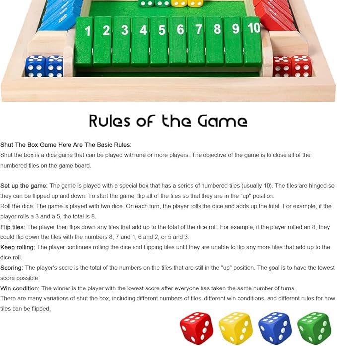 Shut The Box Game: 2-6 Player Wooden Board Math Game with 2-12 Dice | Educational Family Night Entertainment | Classic Pub Style | Funny Family Board Games (Colorful-Square 4 Players)